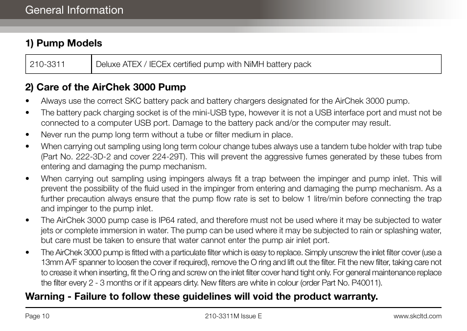 General information | SKC Limited AirChek 3000 Deluxe Pump Operating Instructions User Manual | Page 12 / 68