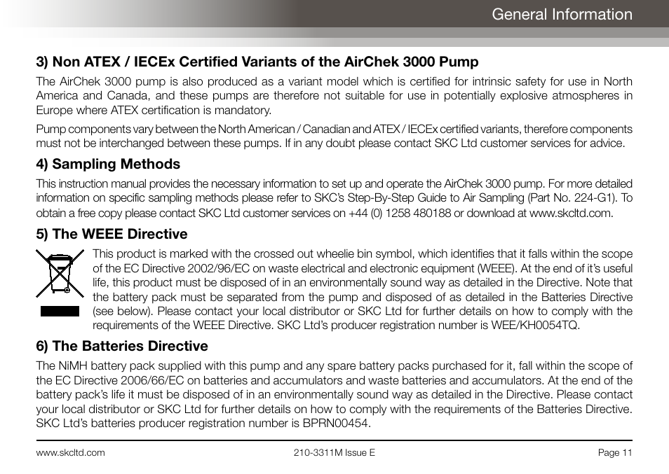 General information | SKC Limited AirChek 3000 Deluxe Pump Operating Instructions User Manual | Page 13 / 68