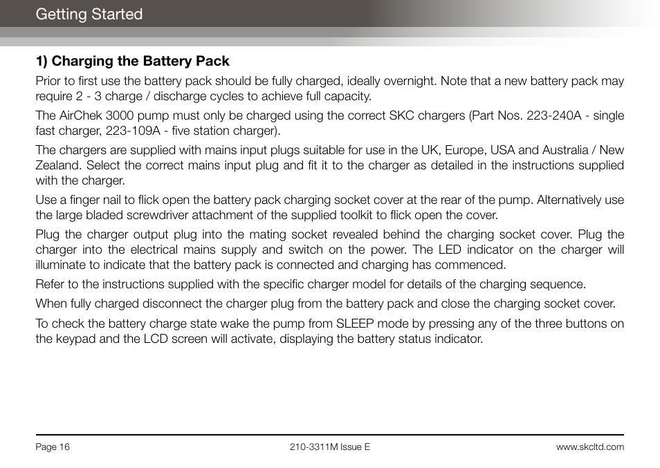 Getting started, 1) charging the battery pack | SKC Limited AirChek 3000 Deluxe Pump Operating Instructions User Manual | Page 18 / 68