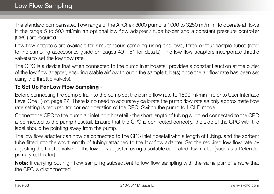 Low flow sampling | SKC Limited AirChek 3000 Deluxe Pump Operating Instructions User Manual | Page 40 / 68