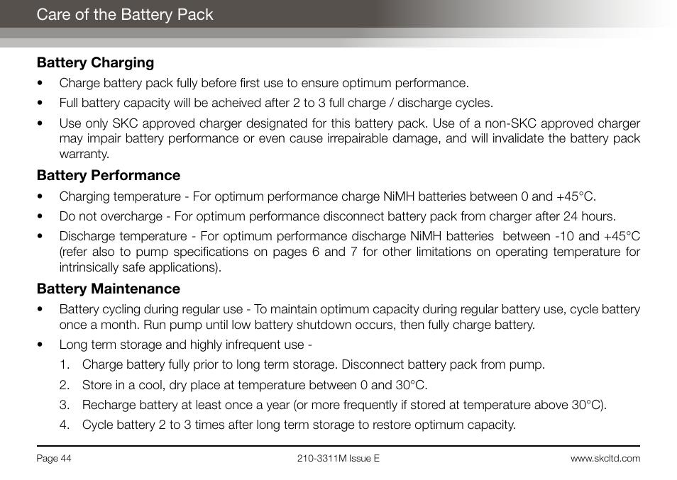 Care of the battery pack | SKC Limited AirChek 3000 Deluxe Pump Operating Instructions User Manual | Page 46 / 68