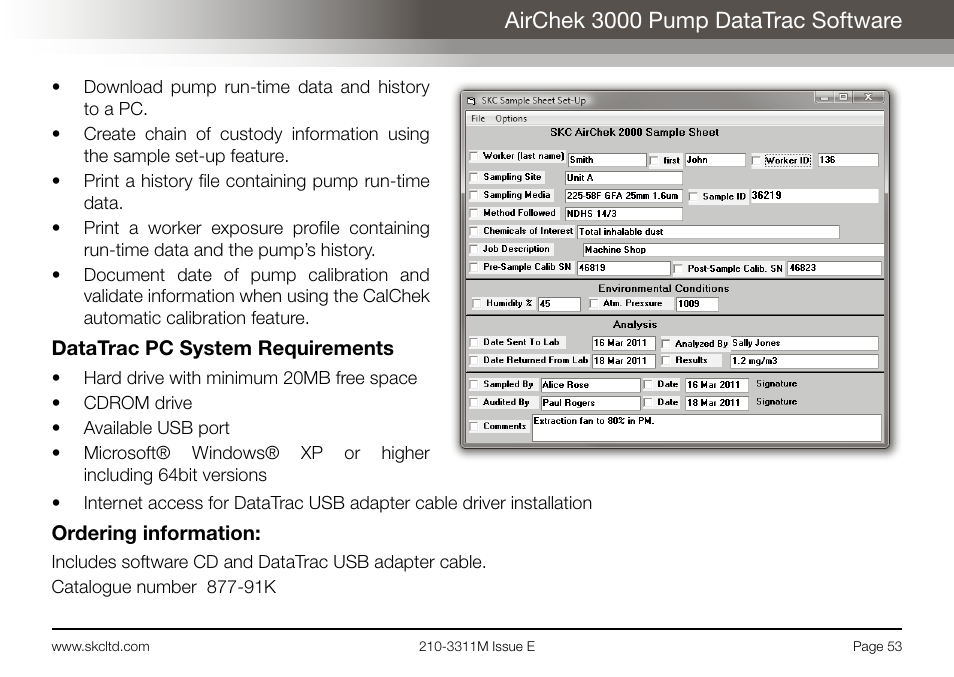 Airchek 3000 pump datatrac software | SKC Limited AirChek 3000 Deluxe Pump Operating Instructions User Manual | Page 55 / 68