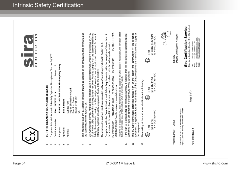 Intrinsic safety certification | SKC Limited AirChek 3000 Deluxe Pump Operating Instructions User Manual | Page 56 / 68