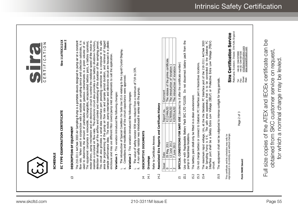 Intrinsic safety certification | SKC Limited AirChek 3000 Deluxe Pump Operating Instructions User Manual | Page 57 / 68