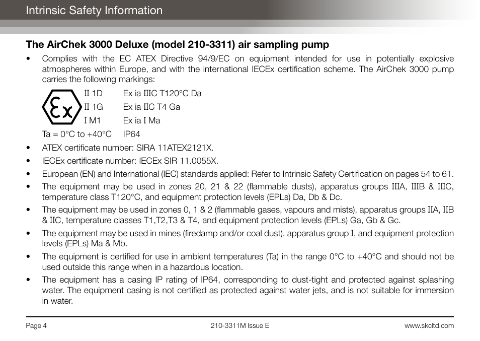 Intrinsic safety information | SKC Limited AirChek 3000 Deluxe Pump Operating Instructions User Manual | Page 6 / 68