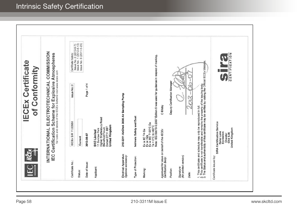Intrinsic safety certification | SKC Limited AirChek 3000 Deluxe Pump Operating Instructions User Manual | Page 60 / 68