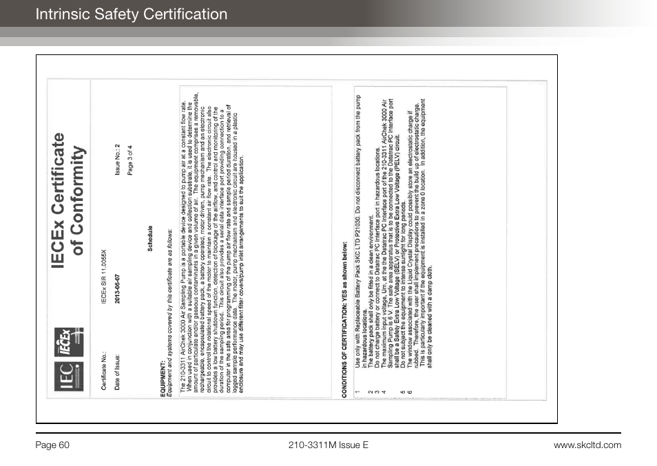 Intrinsic safety certification | SKC Limited AirChek 3000 Deluxe Pump Operating Instructions User Manual | Page 62 / 68