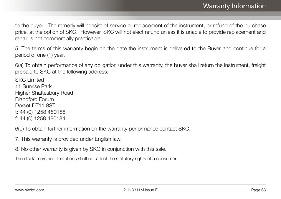 Warranty information | SKC Limited AirChek 3000 Deluxe Pump Operating Instructions User Manual | Page 65 / 68