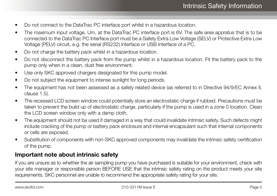 Intrinsic safety information | SKC Limited AirChek 3000 Deluxe Pump Operating Instructions User Manual | Page 7 / 68