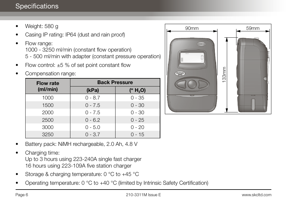 Specifications | SKC Limited AirChek 3000 Deluxe Pump Operating Instructions User Manual | Page 8 / 68