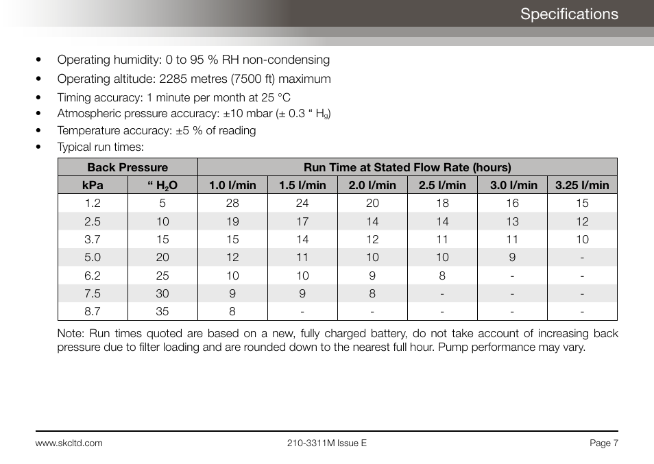 Specifications | SKC Limited AirChek 3000 Deluxe Pump Operating Instructions User Manual | Page 9 / 68