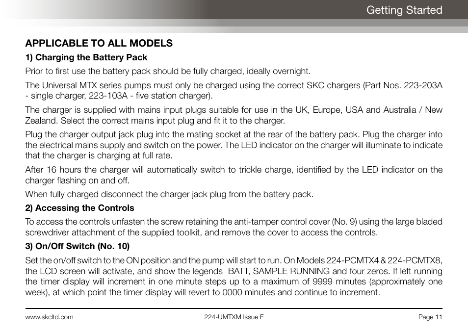 Getting started, Applicable to all models | SKC Limited Universal MTX Pump Operating Instructions User Manual | Page 13 / 40