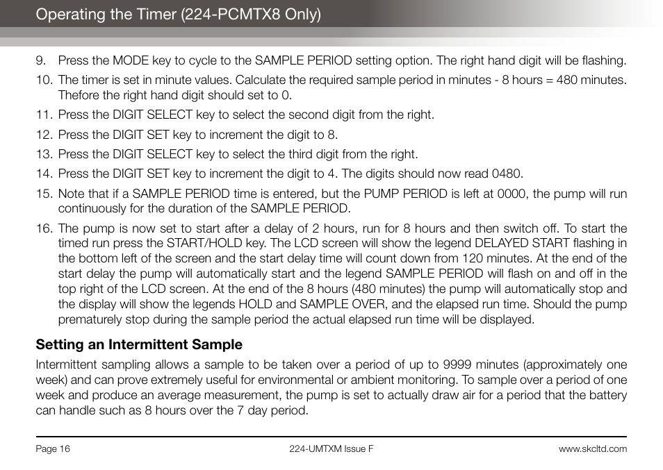 Operating the timer (224-pcmtx8 only) | SKC Limited Universal MTX Pump Operating Instructions User Manual | Page 18 / 40