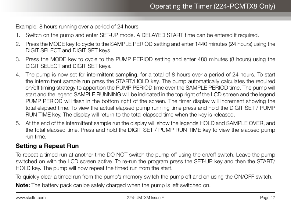 Operating the timer (224-pcmtx8 only) | SKC Limited Universal MTX Pump Operating Instructions User Manual | Page 19 / 40