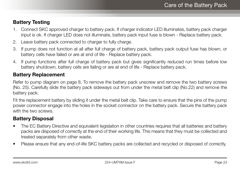 Care of the battery pack | SKC Limited Universal MTX Pump Operating Instructions User Manual | Page 25 / 40
