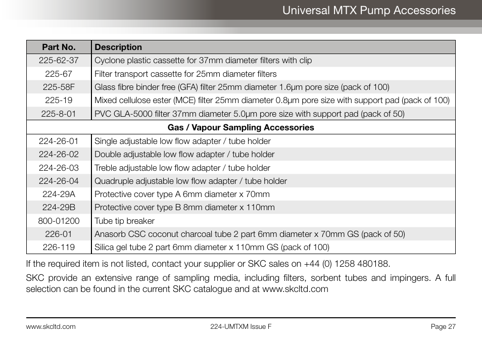 Universal mtx pump accessories | SKC Limited Universal MTX Pump Operating Instructions User Manual | Page 29 / 40