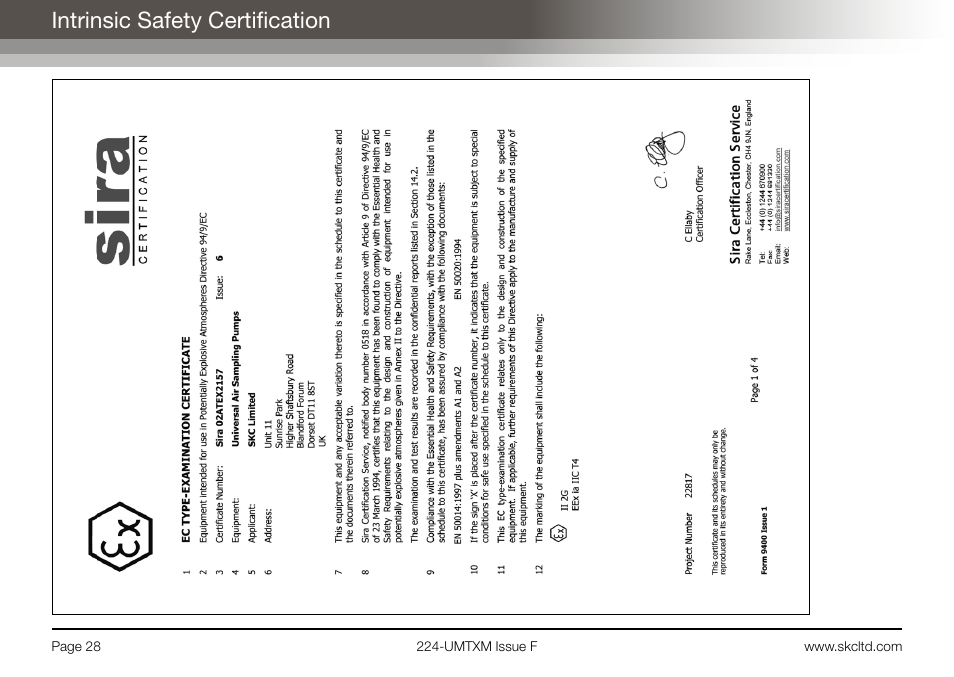 Intrinsic safety certification | SKC Limited Universal MTX Pump Operating Instructions User Manual | Page 30 / 40