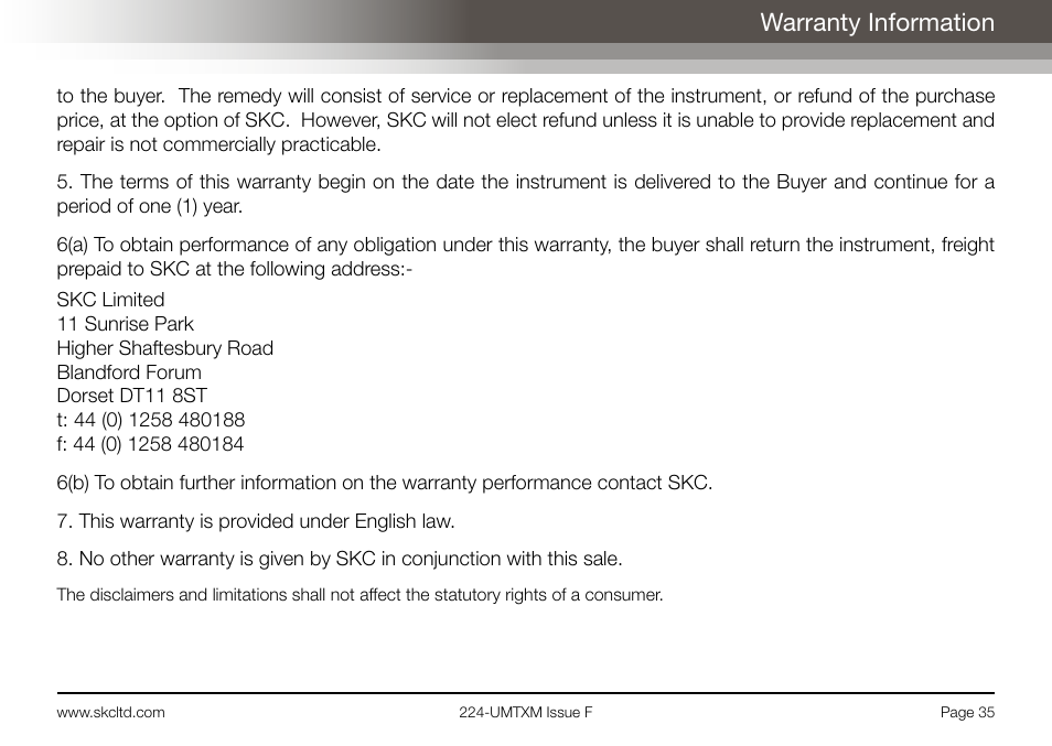 Warranty information | SKC Limited Universal MTX Pump Operating Instructions User Manual | Page 37 / 40
