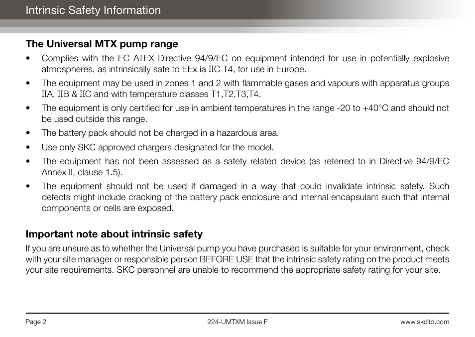 Intrinsic safety information | SKC Limited Universal MTX Pump Operating Instructions User Manual | Page 4 / 40