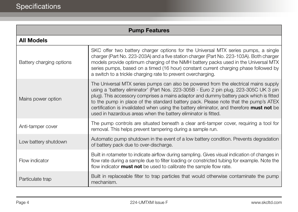 Specifications | SKC Limited Universal MTX Pump Operating Instructions User Manual | Page 6 / 40