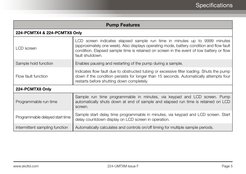 Specifications | SKC Limited Universal MTX Pump Operating Instructions User Manual | Page 7 / 40