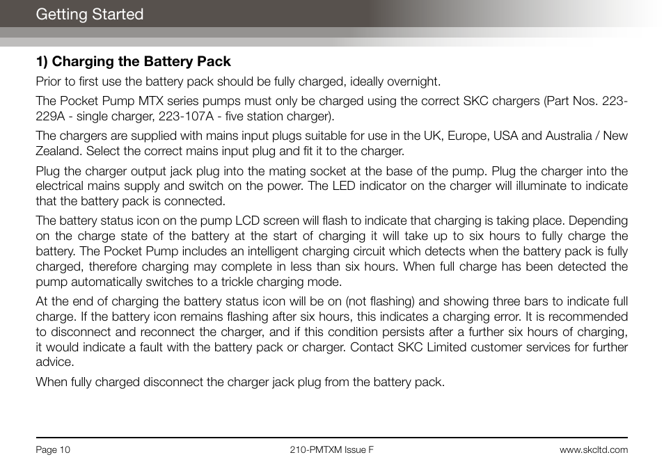 Getting started, 1) charging the battery pack | SKC Limited Pocket Pump MTX User Manual | Page 12 / 52