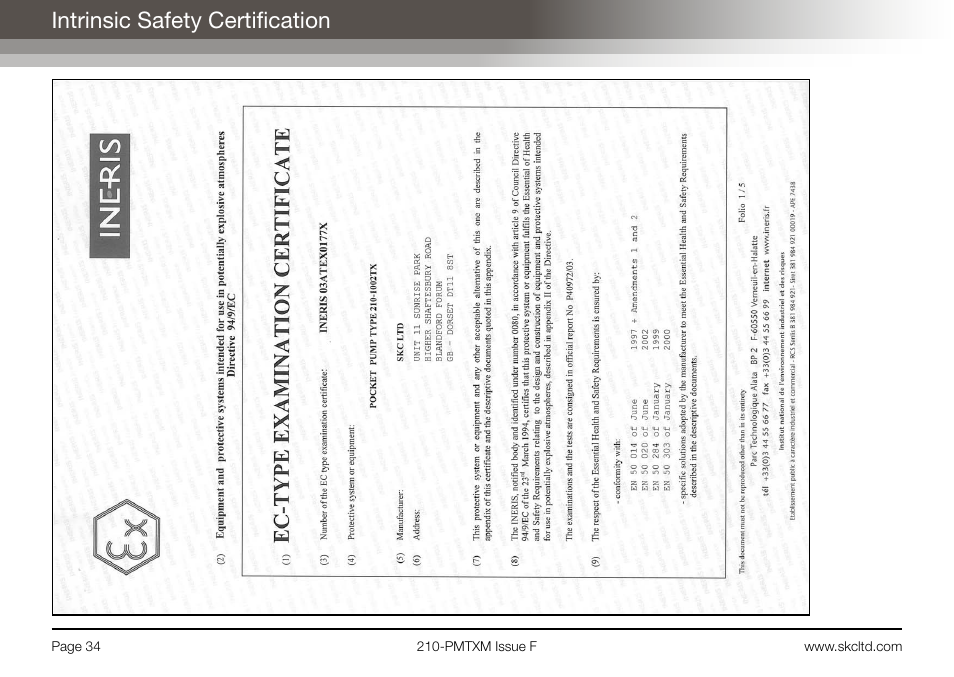 Intrinsic safety certification | SKC Limited Pocket Pump MTX User Manual | Page 36 / 52