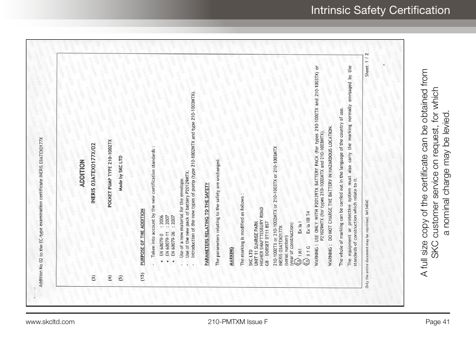 Intrinsic safety certification | SKC Limited Pocket Pump MTX User Manual | Page 43 / 52