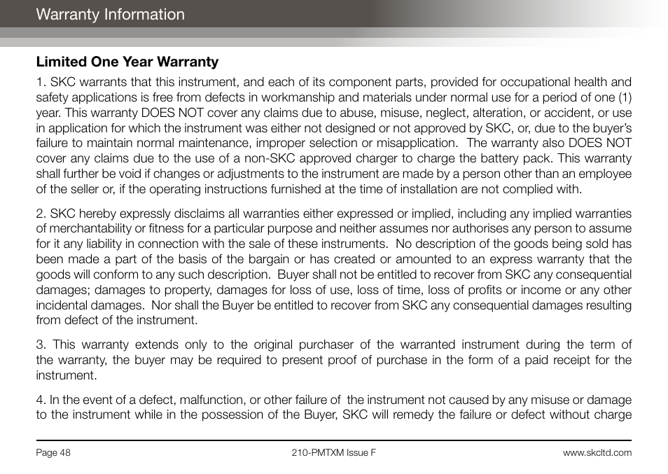 Warranty information | SKC Limited Pocket Pump MTX User Manual | Page 50 / 52