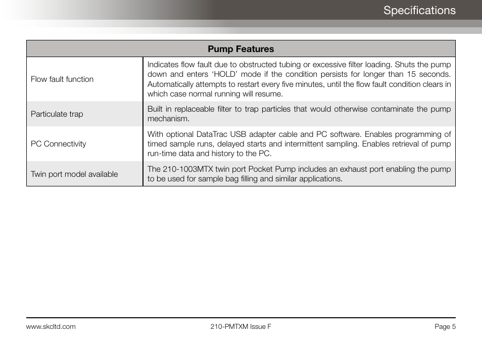 Specifications | SKC Limited Pocket Pump MTX User Manual | Page 7 / 52