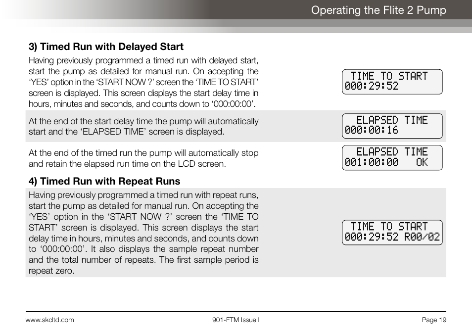 Operating the flite 2 pump, 3) timed run with delayed start, 4) timed run with repeat runs | SKC Limited Flite 2 User Manual | Page 21 / 32