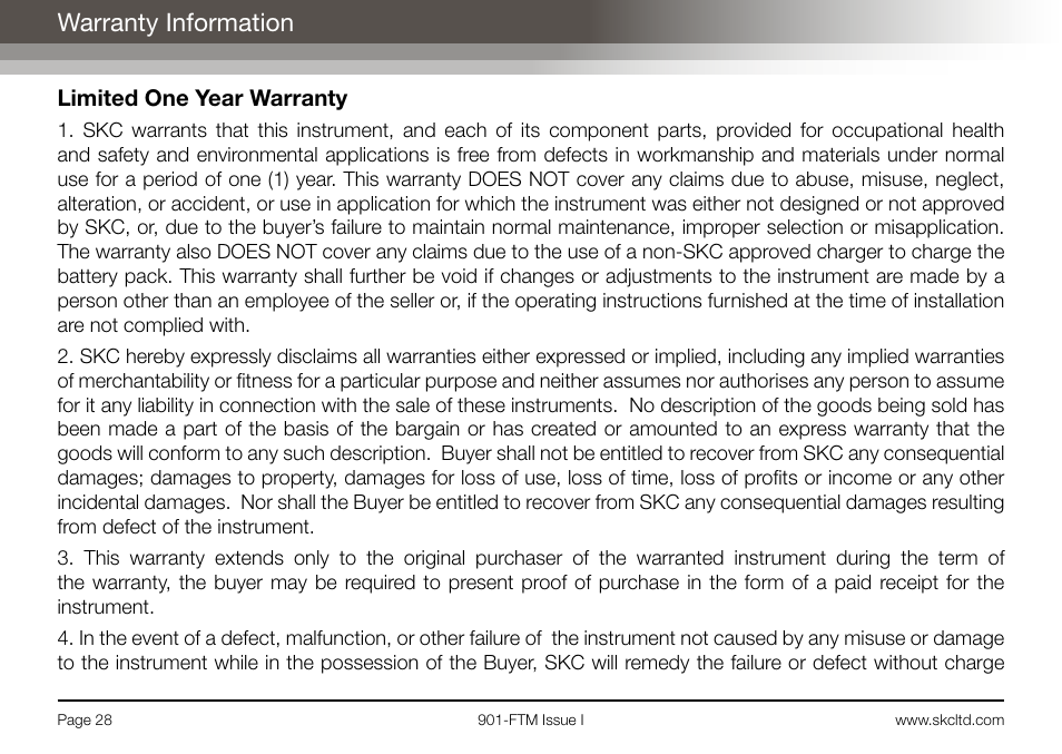 Warranty information, Limited one year warranty | SKC Limited Flite 2 User Manual | Page 30 / 32