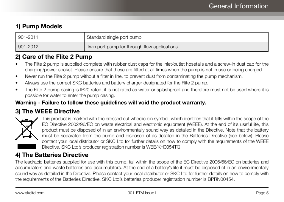 General information, 1) pump models, 2) care of the flite 2 pump | 3) the weee directive, 4) the batteries directive | SKC Limited Flite 2 User Manual | Page 7 / 32