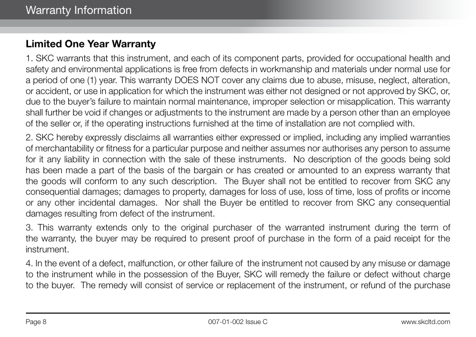 Warranty information, Limited one year warranty | SKC Limited BioLite User Manual | Page 10 / 12