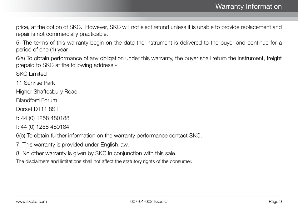 Warranty information | SKC Limited BioLite User Manual | Page 11 / 12