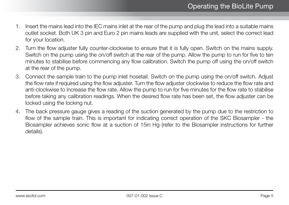 Operating the biolite pump | SKC Limited BioLite User Manual | Page 7 / 12