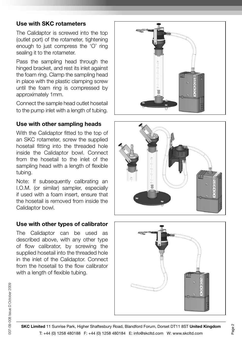 Use with skc rotameters, Use with other sampling heads, Use with other types of calibrator | SKC Limited IOM Sampler User Manual | Page 2 / 2