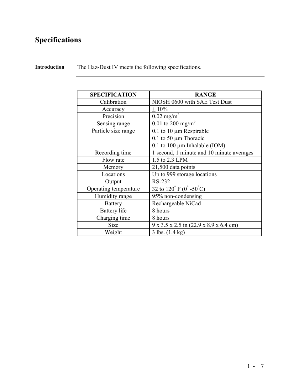 Specifications | SKC Limited Haz-Dust IV User Manual | Page 15 / 81