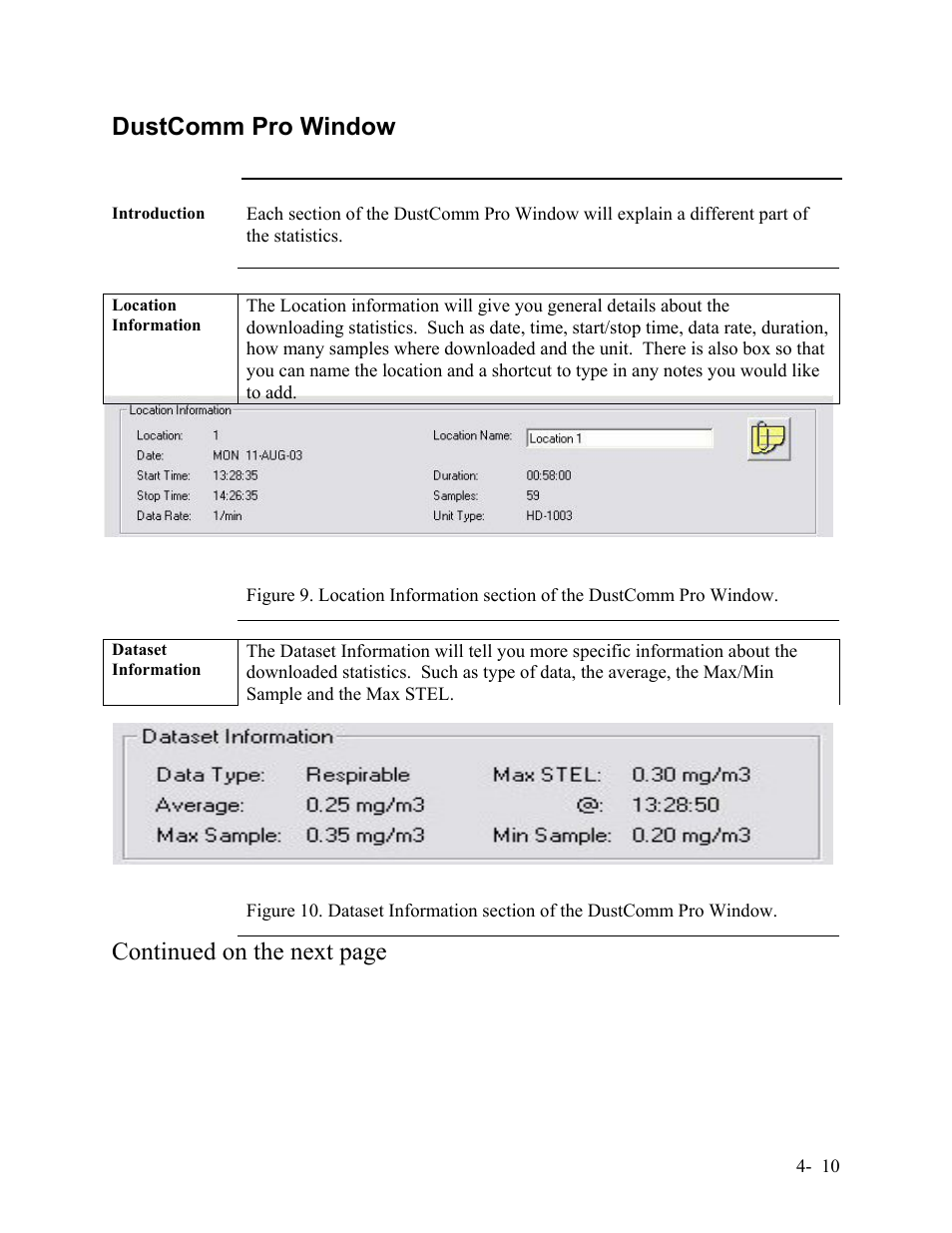 Dustcomm pro window, Continued on the next page | SKC Limited Haz-Dust IV User Manual | Page 50 / 81