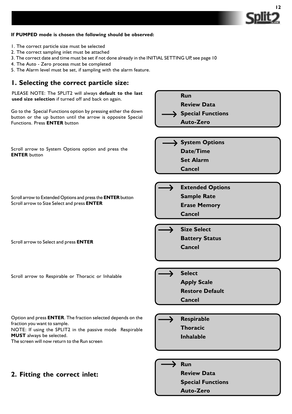 Preparing to take a sample, Selecting the correct particle size, Fitting the correct inlet | SKC Limited SPLIT2 User Manual | Page 12 / 23