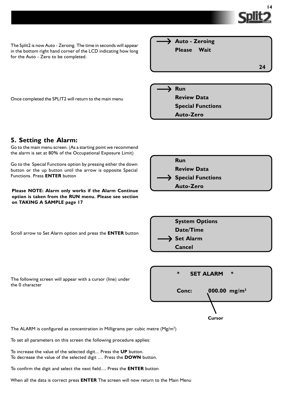 Preparing to take a sample, Setting the alarm | SKC Limited SPLIT2 User Manual | Page 14 / 23