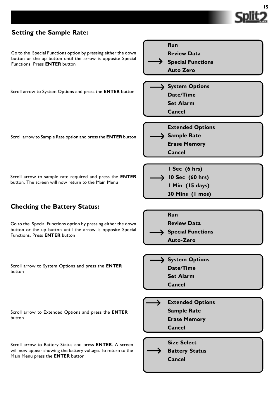Preparing to take a sample, Setting the sample rate, Checking the battery status | SKC Limited SPLIT2 User Manual | Page 15 / 23