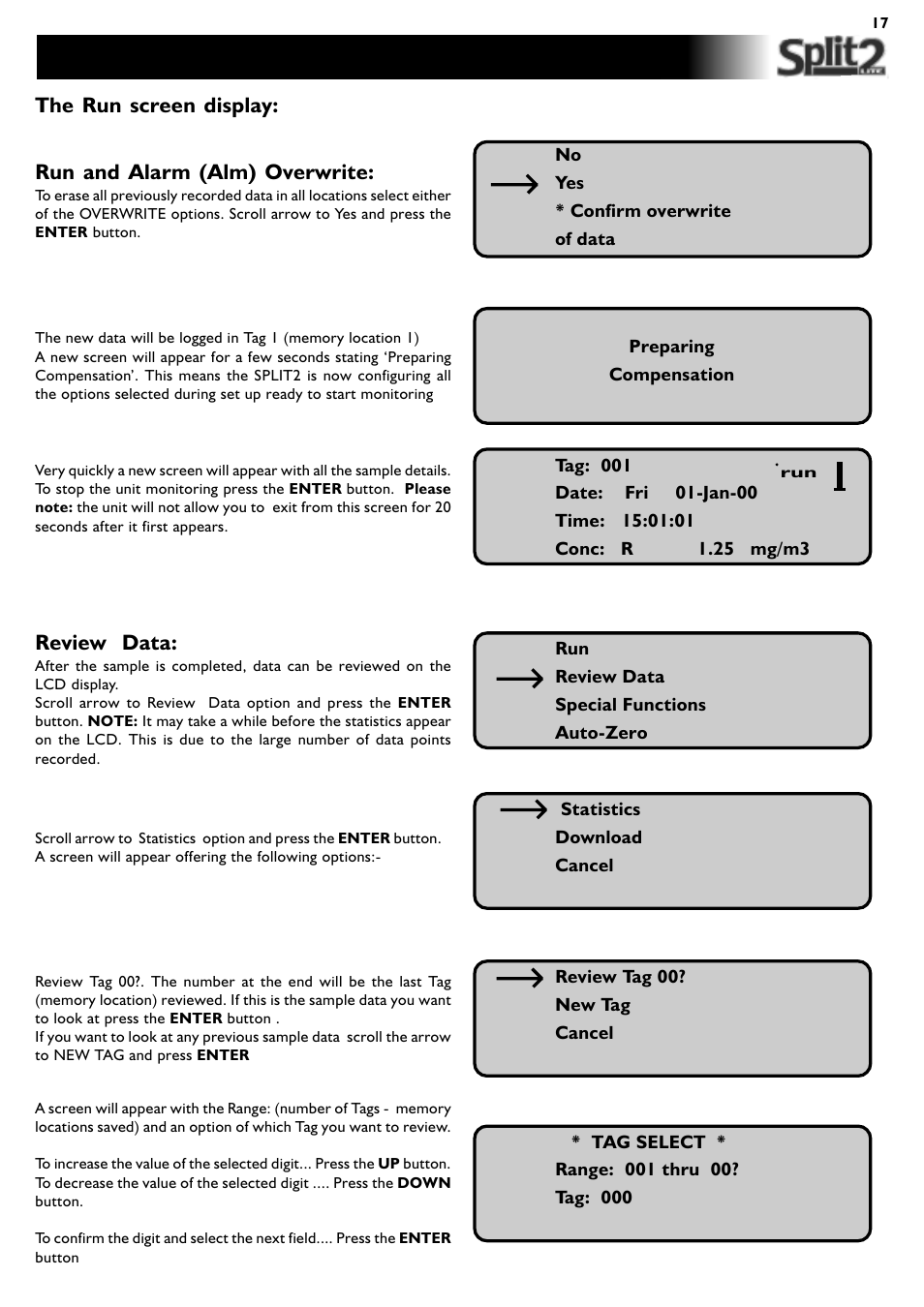 Reviewing data, The run screen display, Run and alarm (alm) overwrite | Review data | SKC Limited SPLIT2 User Manual | Page 17 / 23