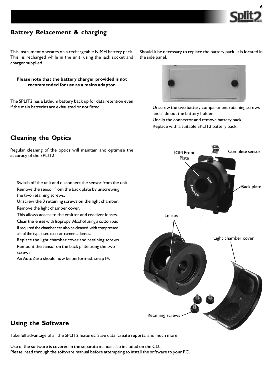 Battery and optic maintenance, Battery relacement & charging, Cleaning the optics | Using the software | SKC Limited SPLIT2 User Manual | Page 6 / 23