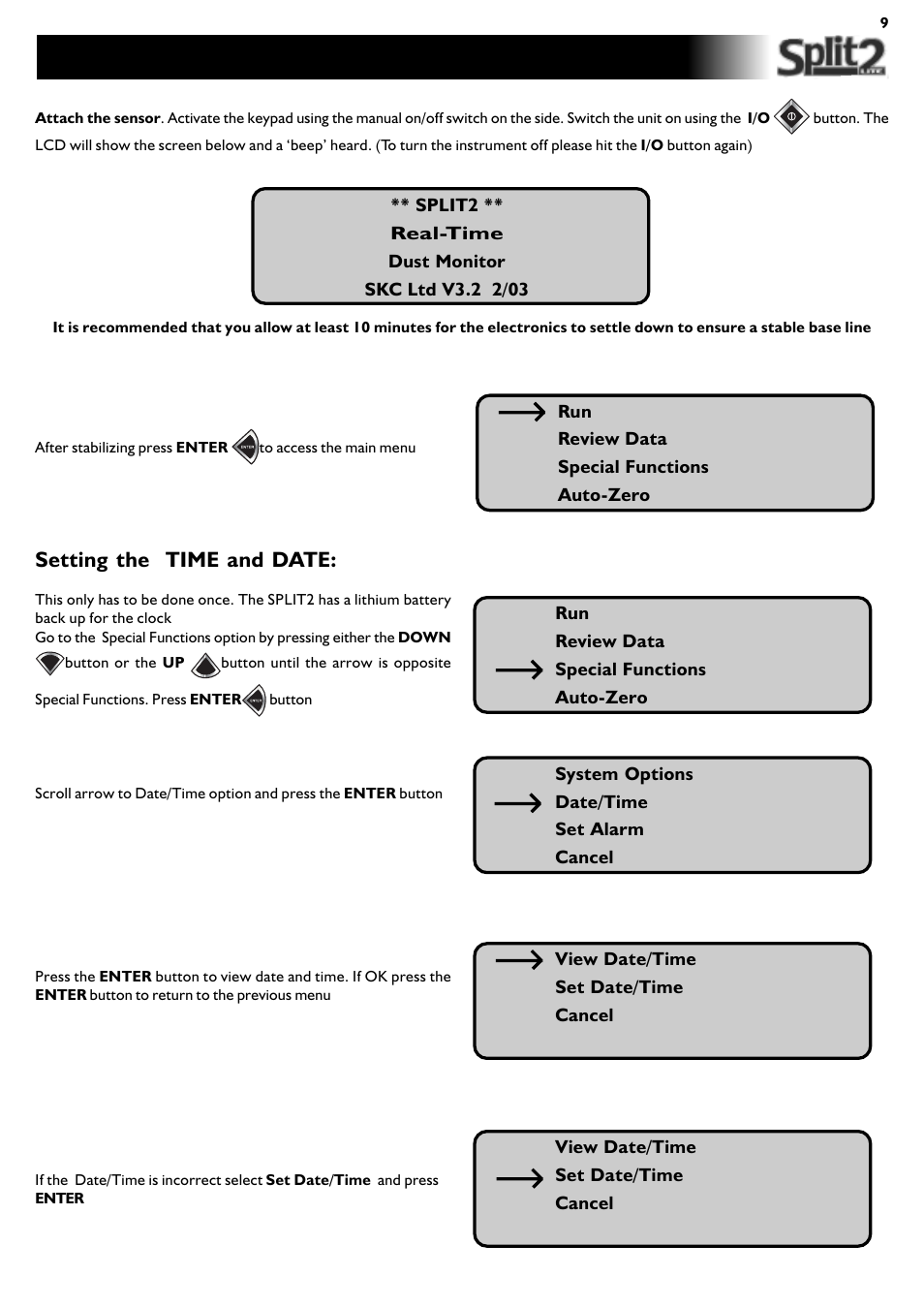 Initial setting up of the split2, Setting the time and date | SKC Limited SPLIT2 User Manual | Page 9 / 23