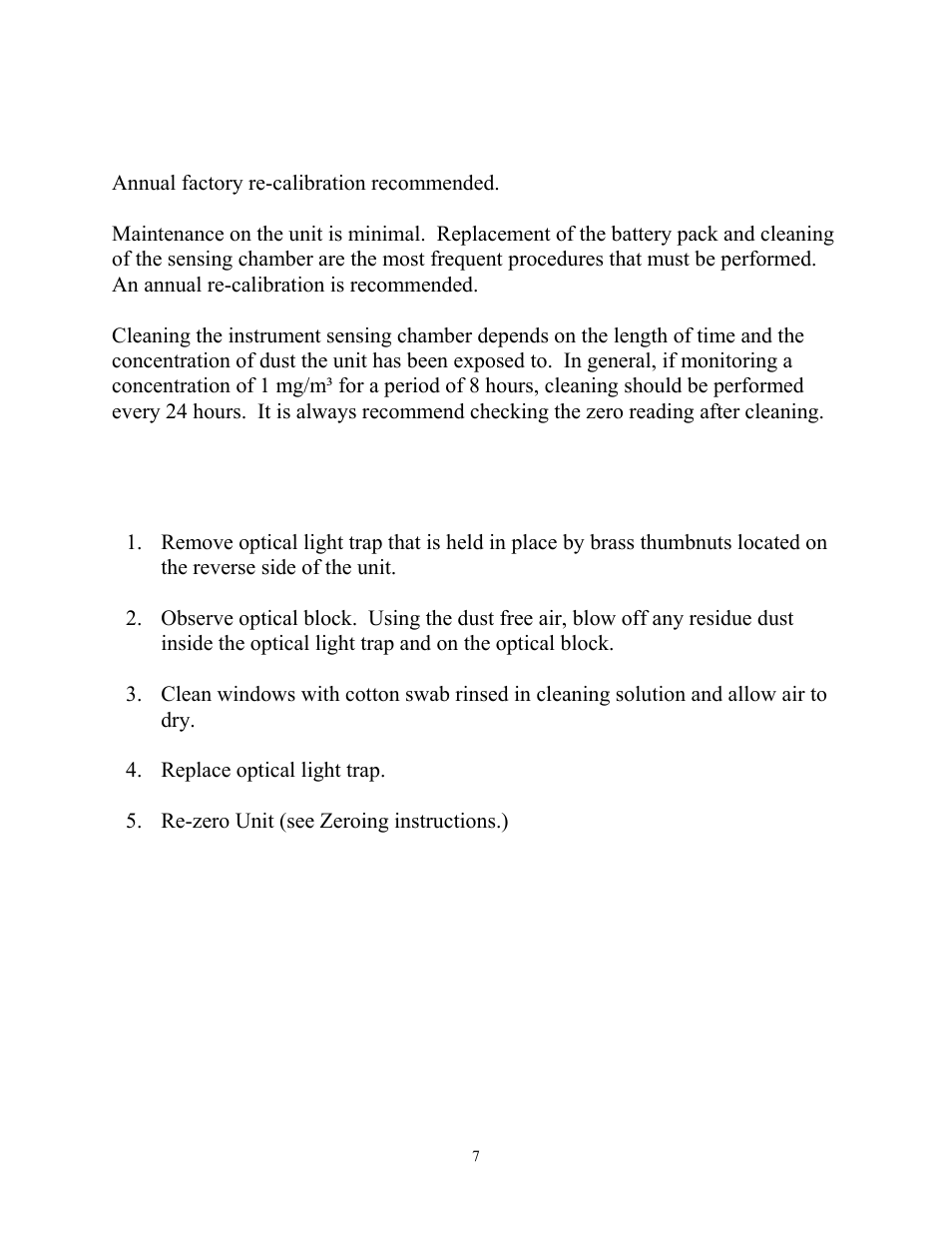 Procedures for cleaning, Replace optical light trap, Re-zero unit (see zeroing instructions.) | Maintenance | SKC Limited Haz-Dust I User Manual | Page 8 / 12