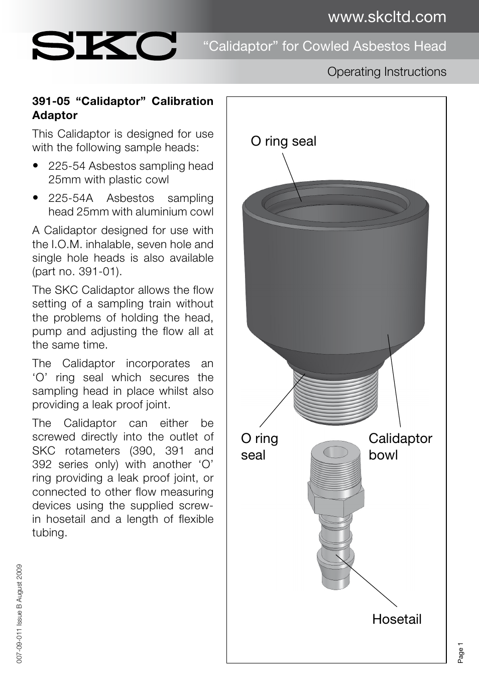 SKC Limited Calibration Adaptor for Cowled Asbestos Sampling Head instructions User Manual | 2 pages