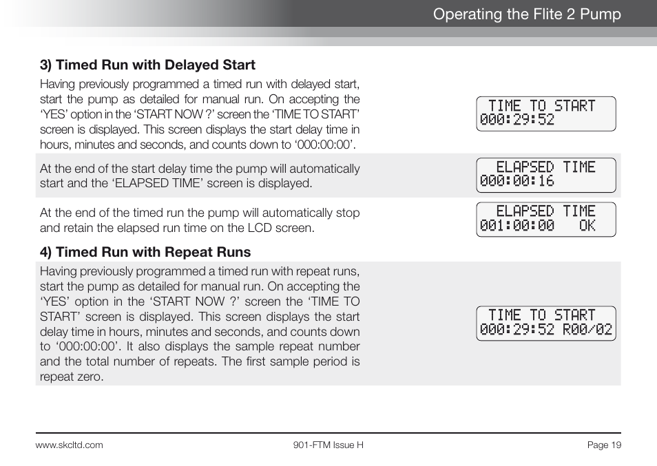 Operating the flite 2 pump, 3) timed run with delayed start, 4) timed run with repeat runs | SKC Limited Flite2 Manual User Manual | Page 21 / 32