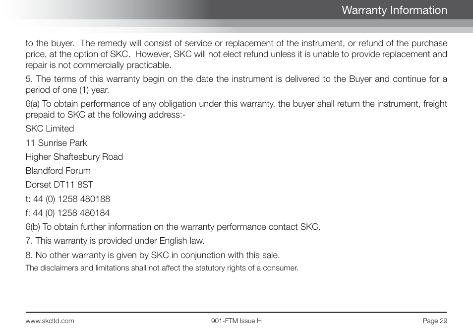 Warranty information | SKC Limited Flite2 Manual User Manual | Page 31 / 32
