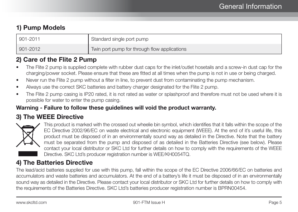 General information, 1) pump models, 2) care of the flite 2 pump | 3) the weee directive, 4) the batteries directive | SKC Limited Flite2 Manual User Manual | Page 7 / 32